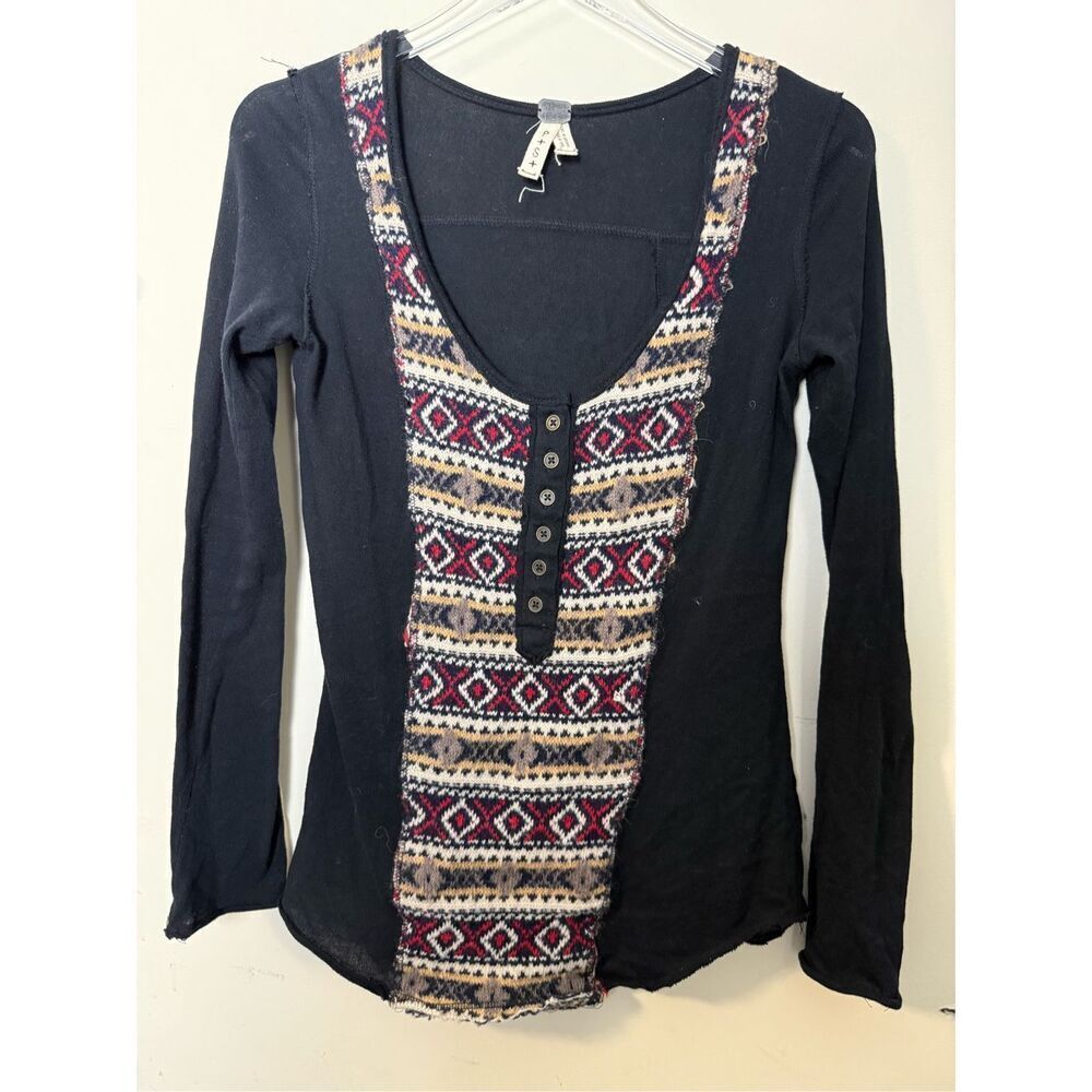 Free People Black Long Sleeve Henley with Multicolor Fair Isle Panel